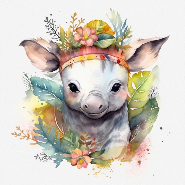 A watercolor painting of a pig with a flower crown.