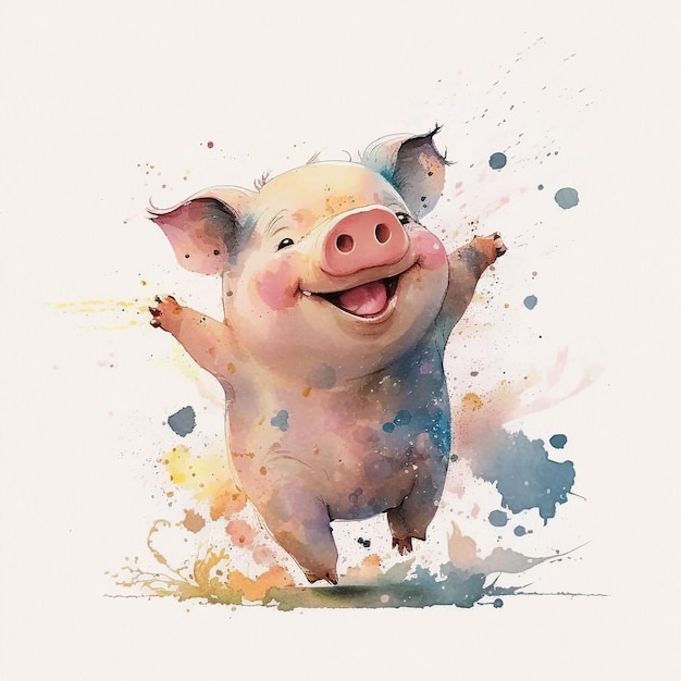 A watercolor painting of a pig with the word pig on it.