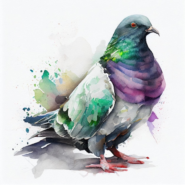 A watercolor painting of a pigeon with purple and green wings.