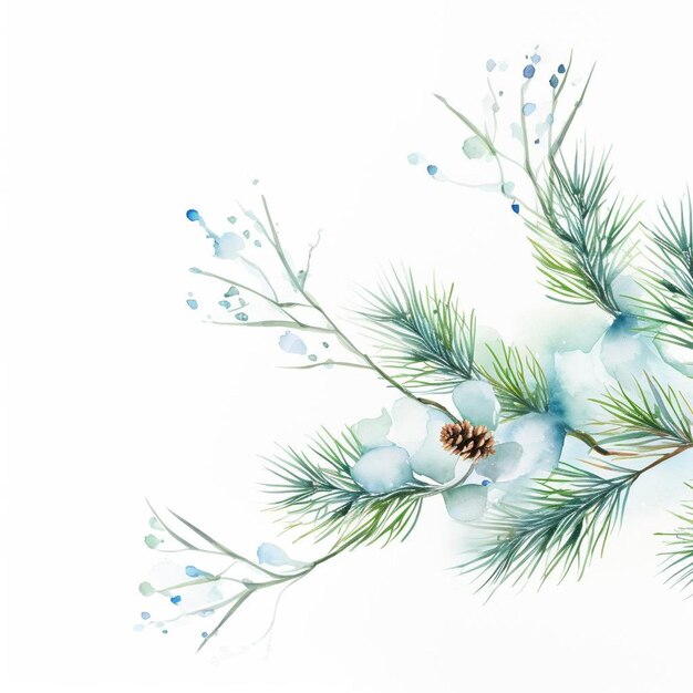 a watercolor painting of a pine branch with flowers