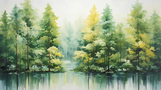 Watercolor painting of a pine forest with water reflection in the lake