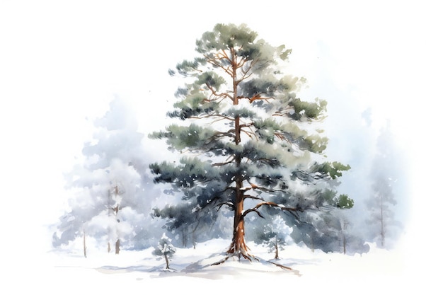 A watercolor painting of a pine tree with snow on the ground