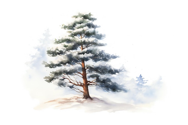 A watercolor painting of a pine tree with snow on the ground