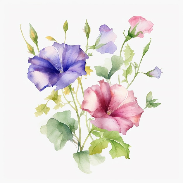 A watercolor painting of a pink and blue flower with green leaves.