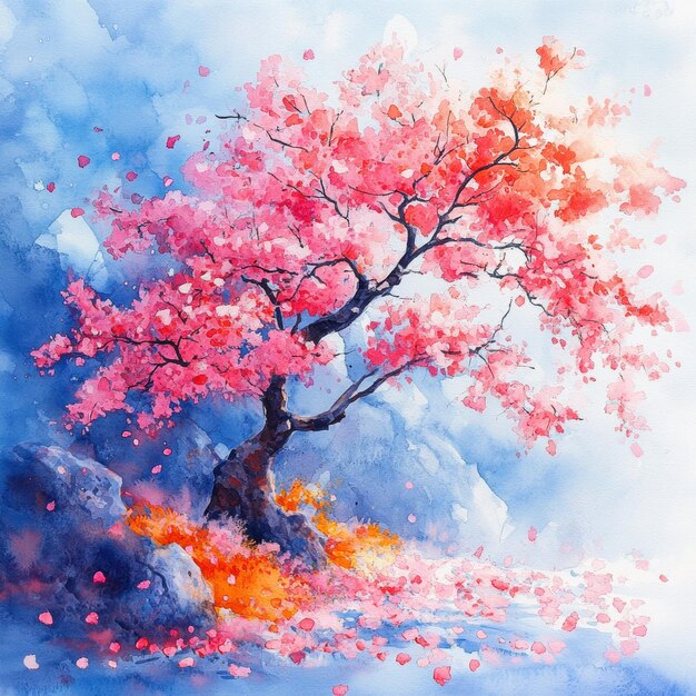 Watercolor Painting of a Pink Cherry Blossom Tree with