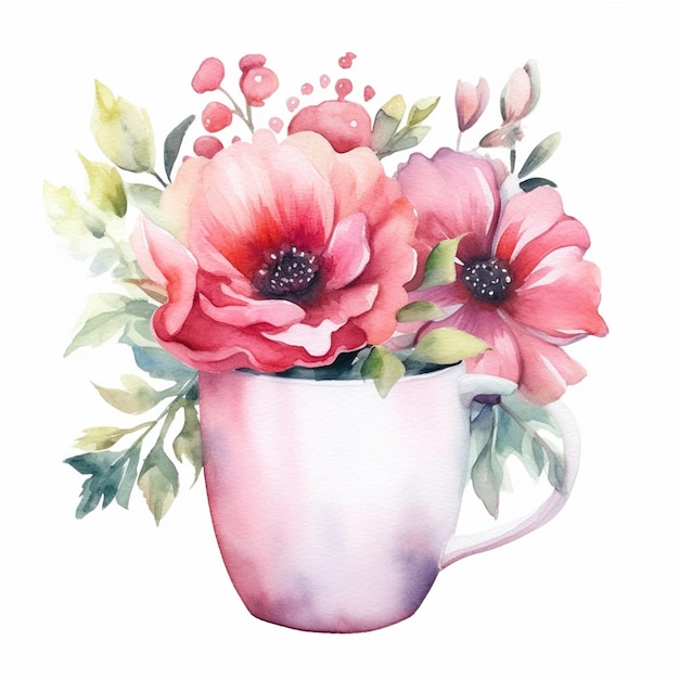 Watercolor painting of a pink flower bouquet in a cup.