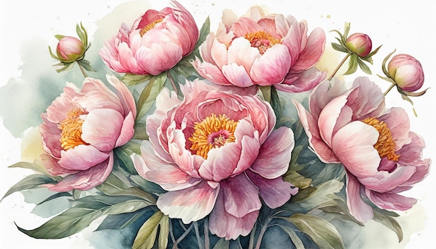 Watercolor painting of pink flowers Bouquet of peonies For greeting card or poster Hand drawn art