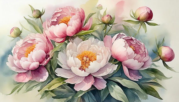 분홍색 꽃의 수채화 페오니의 꽃줄기 인사카드 또는 포스터를 위해 손으로 그린 예술