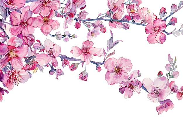ピンクの花と葉の水彩画