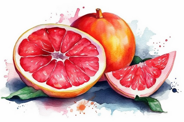 A watercolor painting of a pink grapefruit and a half of a peach.