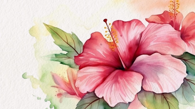 A watercolor painting of a pink hibiscus flower.