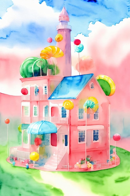 Акварельная картина розового дома с воздушными шарами