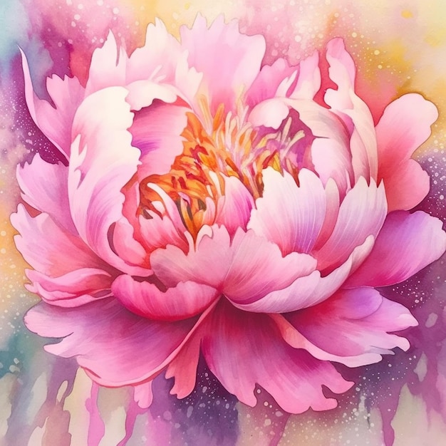 A watercolor painting of a pink peony with a gold leaf.