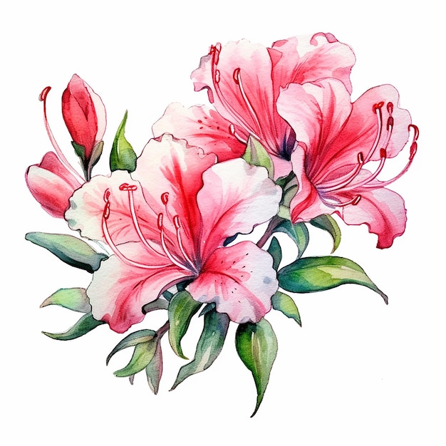 A watercolor painting of a pink and red azalea flowers.