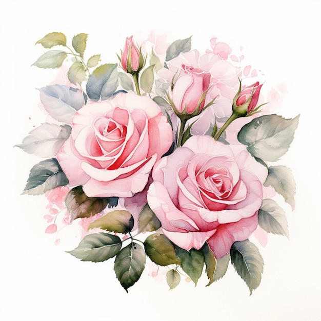 Watercolor painting of pink roses on white background generative AI