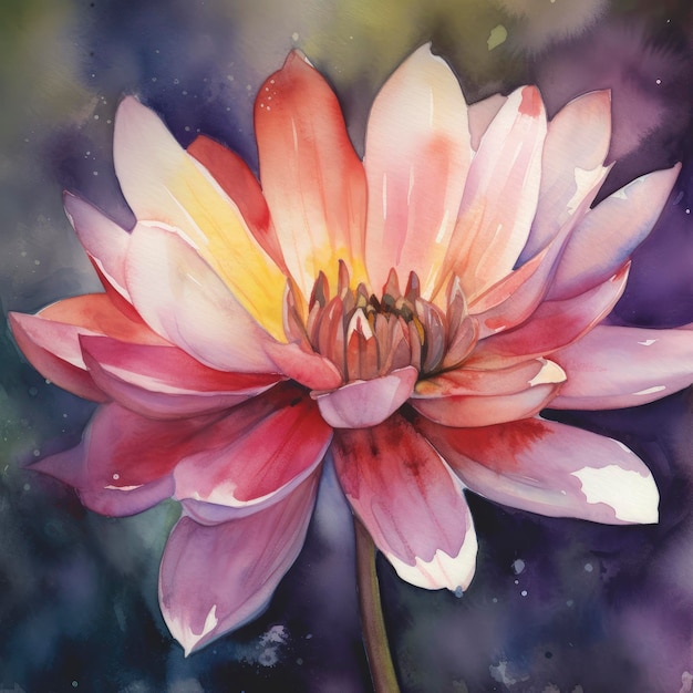 A watercolor painting of a pink water lily