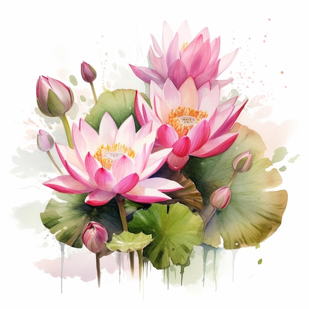 A watercolor painting of a pink water lily