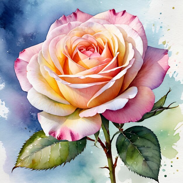 A watercolor painting of a pink and yellow rose