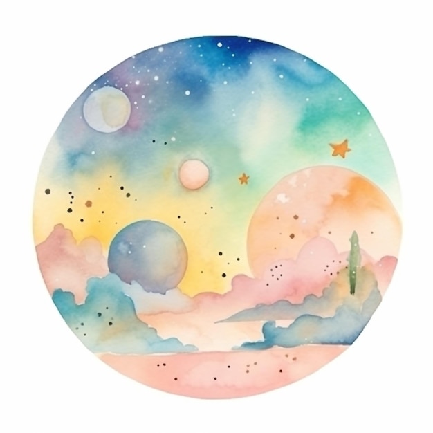 Watercolor painting of a planet with stars and a lighthouse on the horizon.