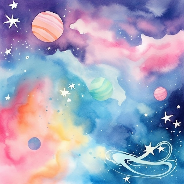 Photo a watercolor painting of a planet with stars and planets.