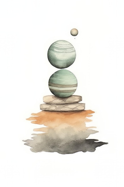 Watercolor painting of planets on a rock