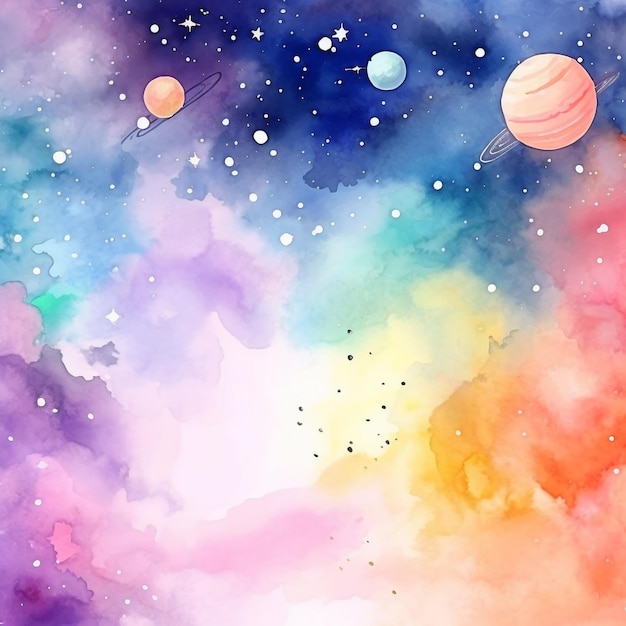 Watercolor painting of planets and stars in a colorful space