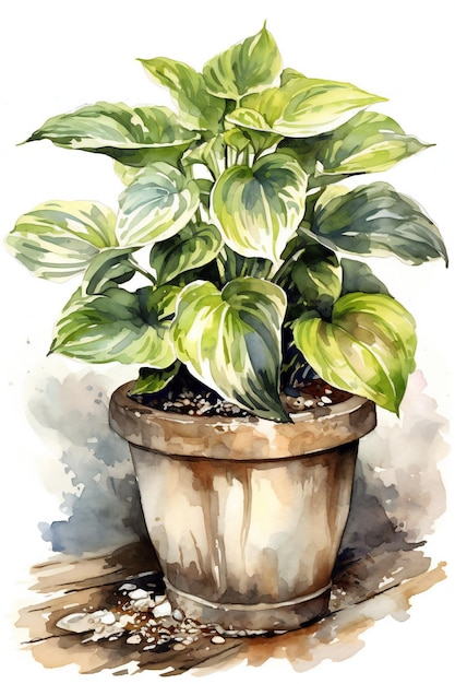 A watercolor painting of a plant in a pot
