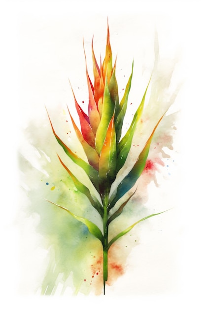 녹색과 주황색이 있는 식물의 수채화 그림.