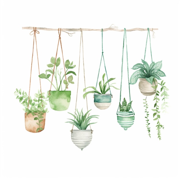 A watercolor painting of plants hanging from a rope.