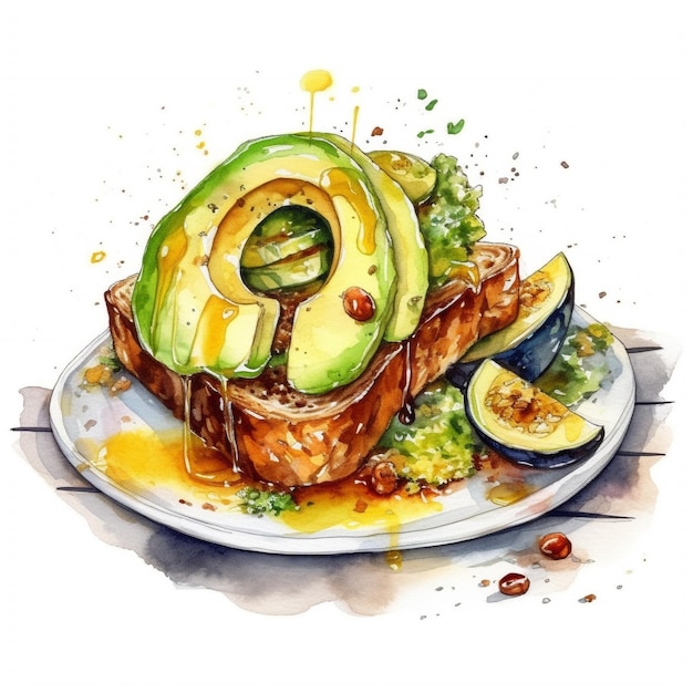 Watercolor painting of a plate of food with avocado and avocado