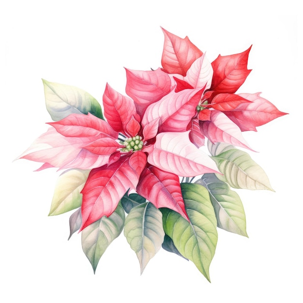 Watercolor painting of poinsettia with white background