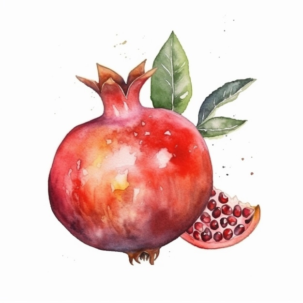 A watercolor painting of a pomegranate with a leaf and the word pomegranate on it.