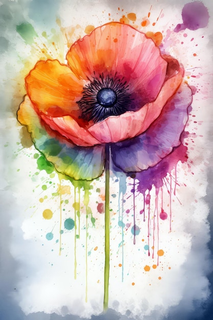 A watercolor painting of an poppy with colorful paint splatters
