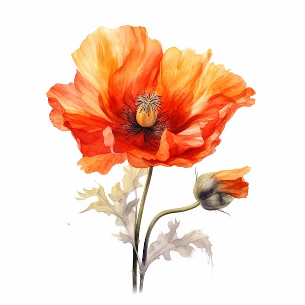 A watercolor painting of a poppy with a flower on it.