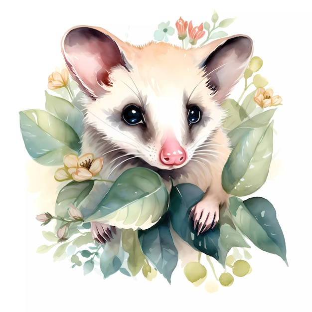 A watercolor painting of Possum with green leaves