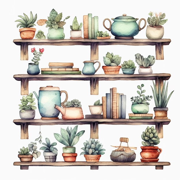 watercolor painting of pot plants display