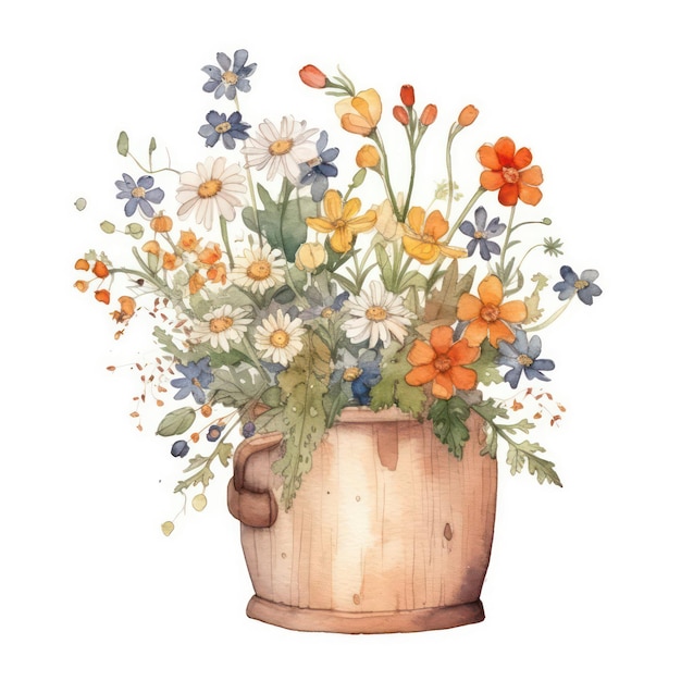 a watercolor painting of a pot with flowers and a wooden bucket.