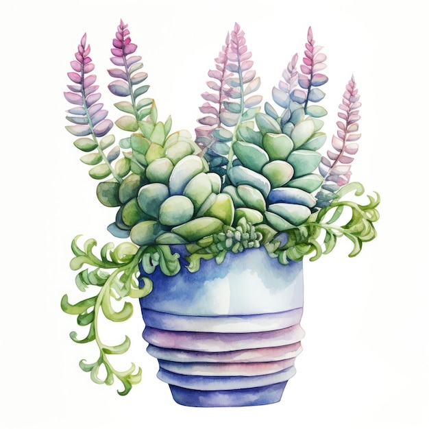 a watercolor painting of a potted plant with a green plant in it.