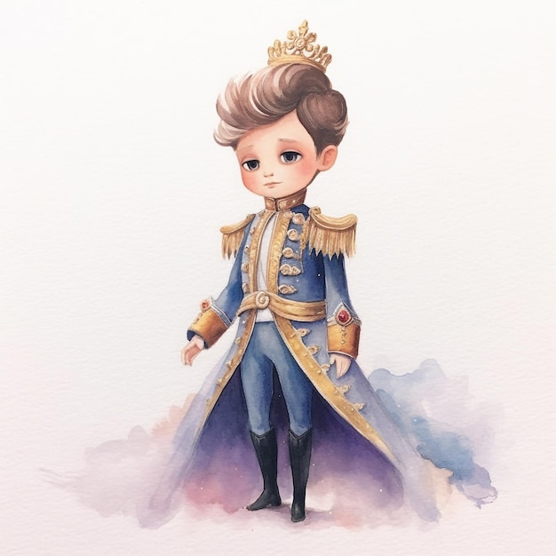 A watercolor painting of a prince wearing a blue and gold outfit.