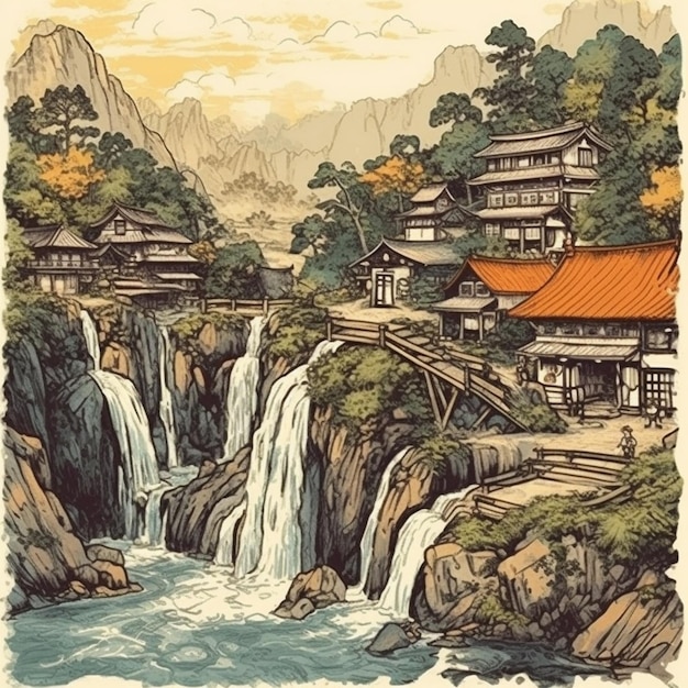 Watercolor painting of a prosperous village