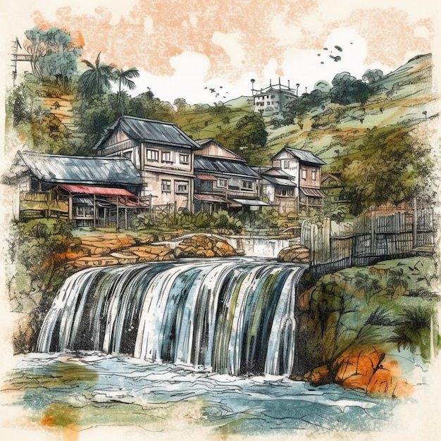 Watercolor painting of a prosperous village