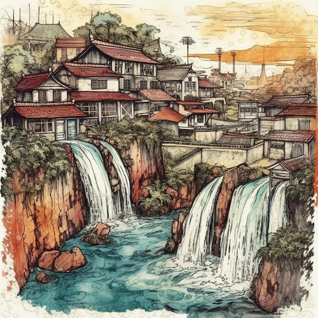 Watercolor painting of a prosperous village