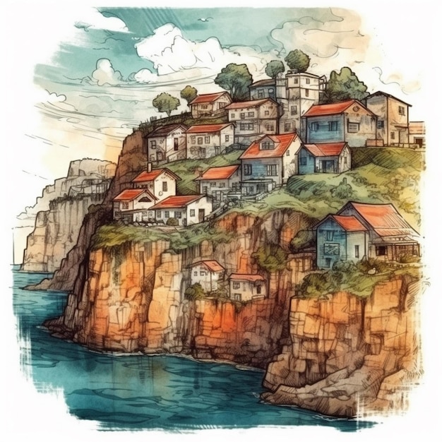 Watercolor painting of a prosperous village