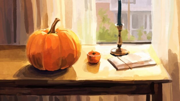 Watercolor painting of a pumpkin in a antique study