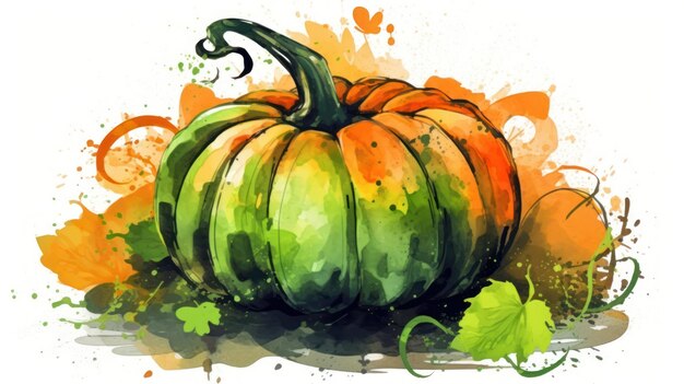 Watercolor painting of a pumpkin in dark lime color tone