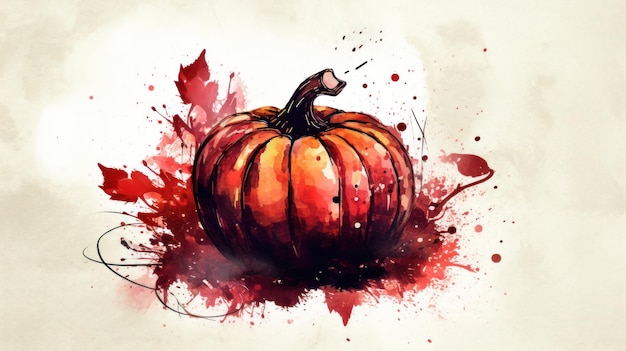 Watercolor painting of a pumpkin in dark red color tone