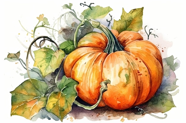 Watercolor painting of a pumpkin with autumn leaves Generative AI