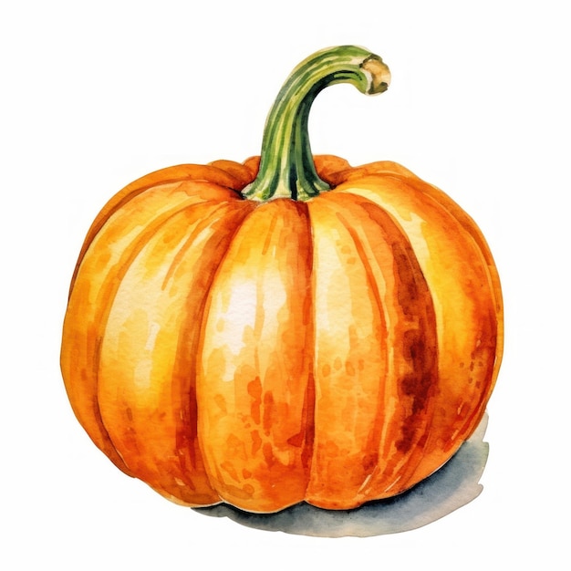 a watercolor painting of a pumpkin with a green stem.