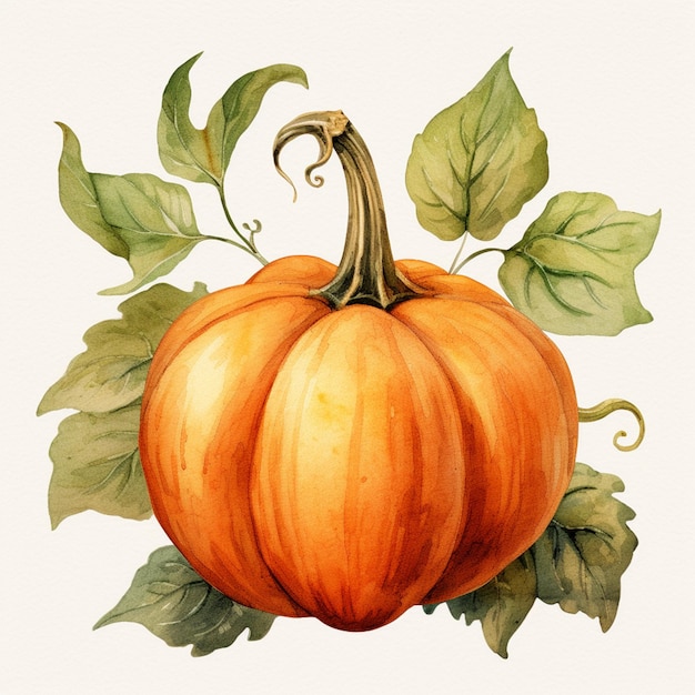 A watercolor painting of a pumpkin with leaves on it