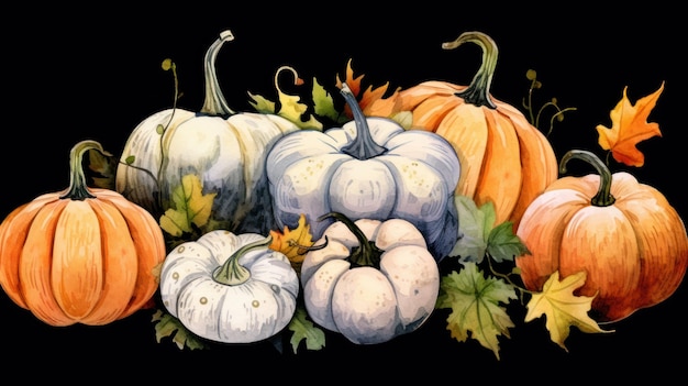 Watercolor painting of a pumpkins in dark white color tone